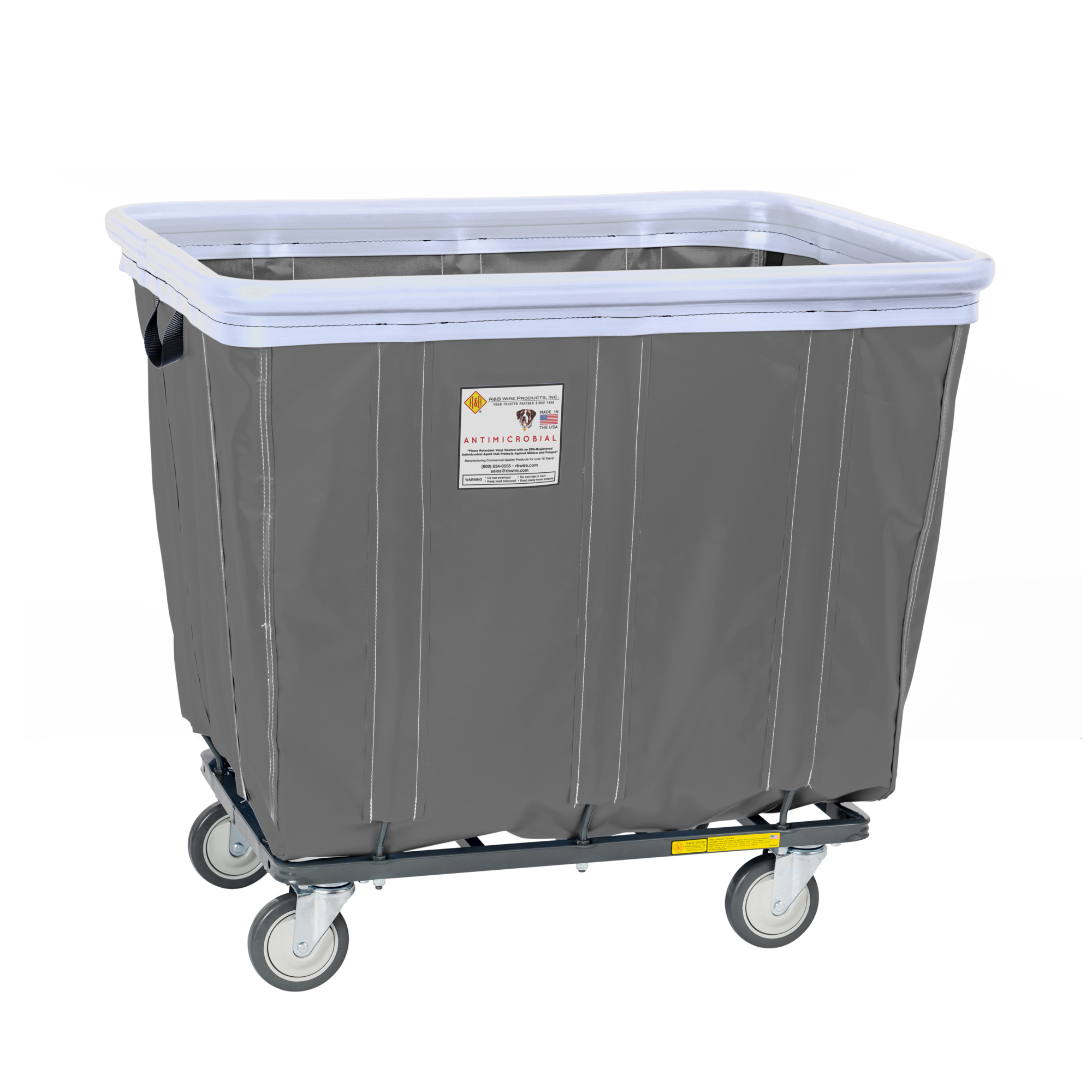 R&B Wire Products, Inc., Antimicrobial Vinyl Basket Truck w/ Bumper, Capacity 600 lb, Capacity Volume 17 ft³, Color Gray, Model# 416SOBC/ANTI/GRY